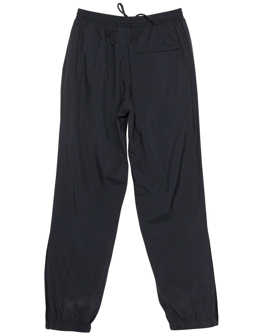 Black track pants with a drawstring waist and a back pocket, featuring elasticised cuffs and a simple design.