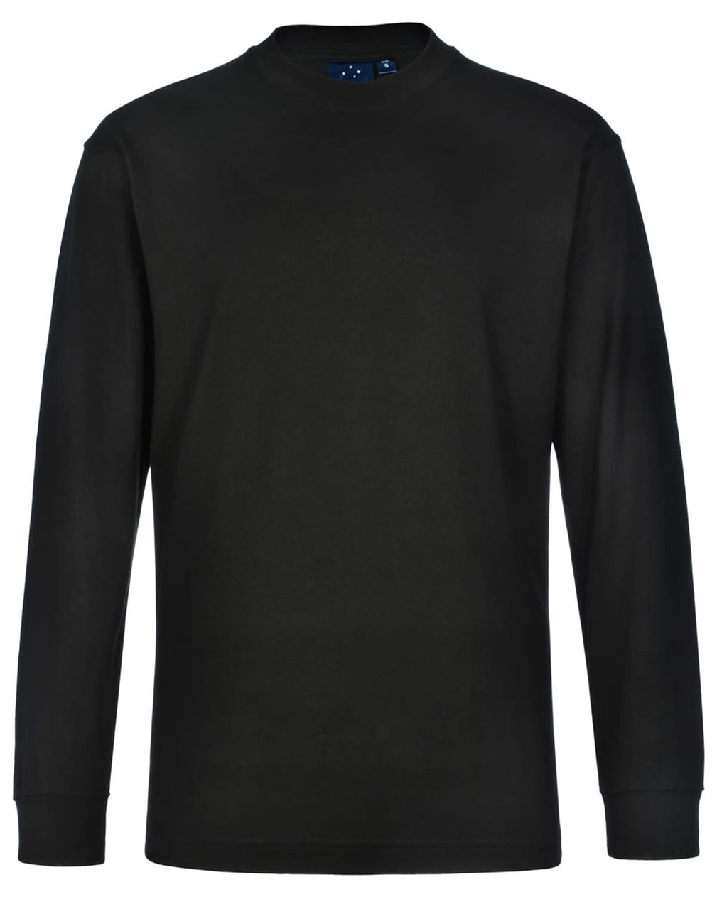 A black long-sleeve cotton crew neck t-shirt featuring a tag with a logo at the neckline.