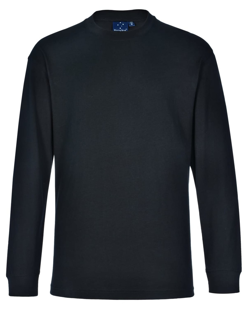 A long-sleeve crew neck t-shirt in black, featuring a logo tag at the neckline.