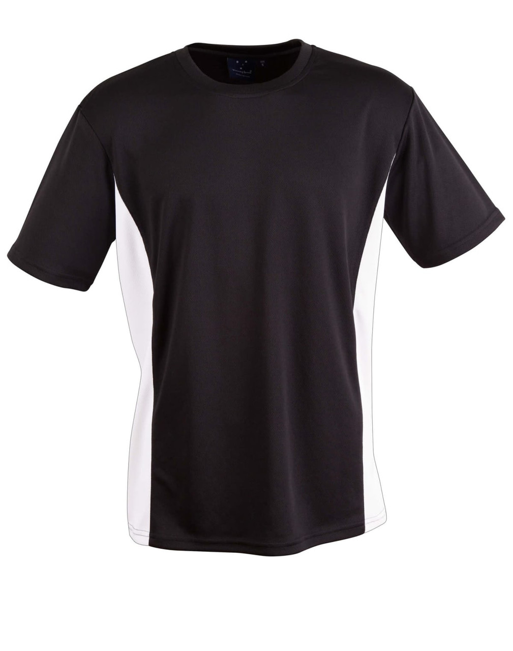A short sleeve T-shirt in black with white contrast side panels. It features a logo on the front.