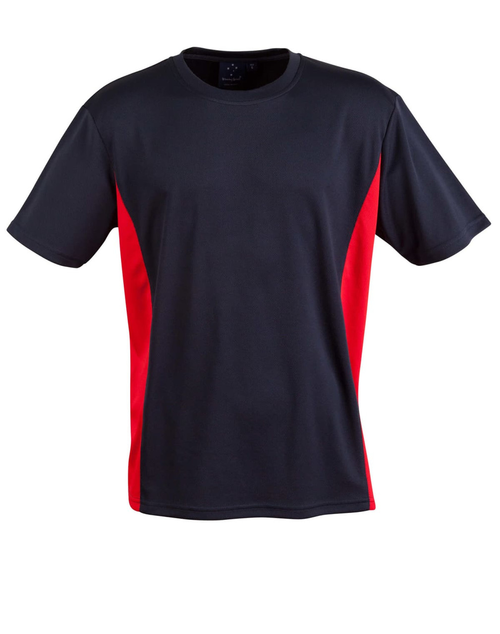 A short sleeve tee featuring a black body with red contrast panels and a logo.