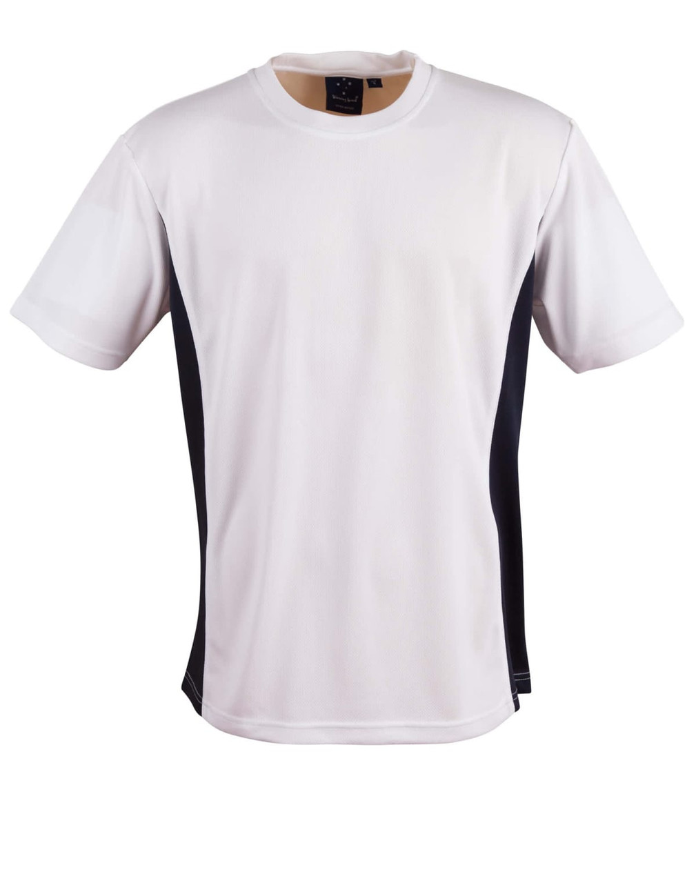A short sleeve t-shirt in white with black contrast sides. Features a logo on the upper portion.