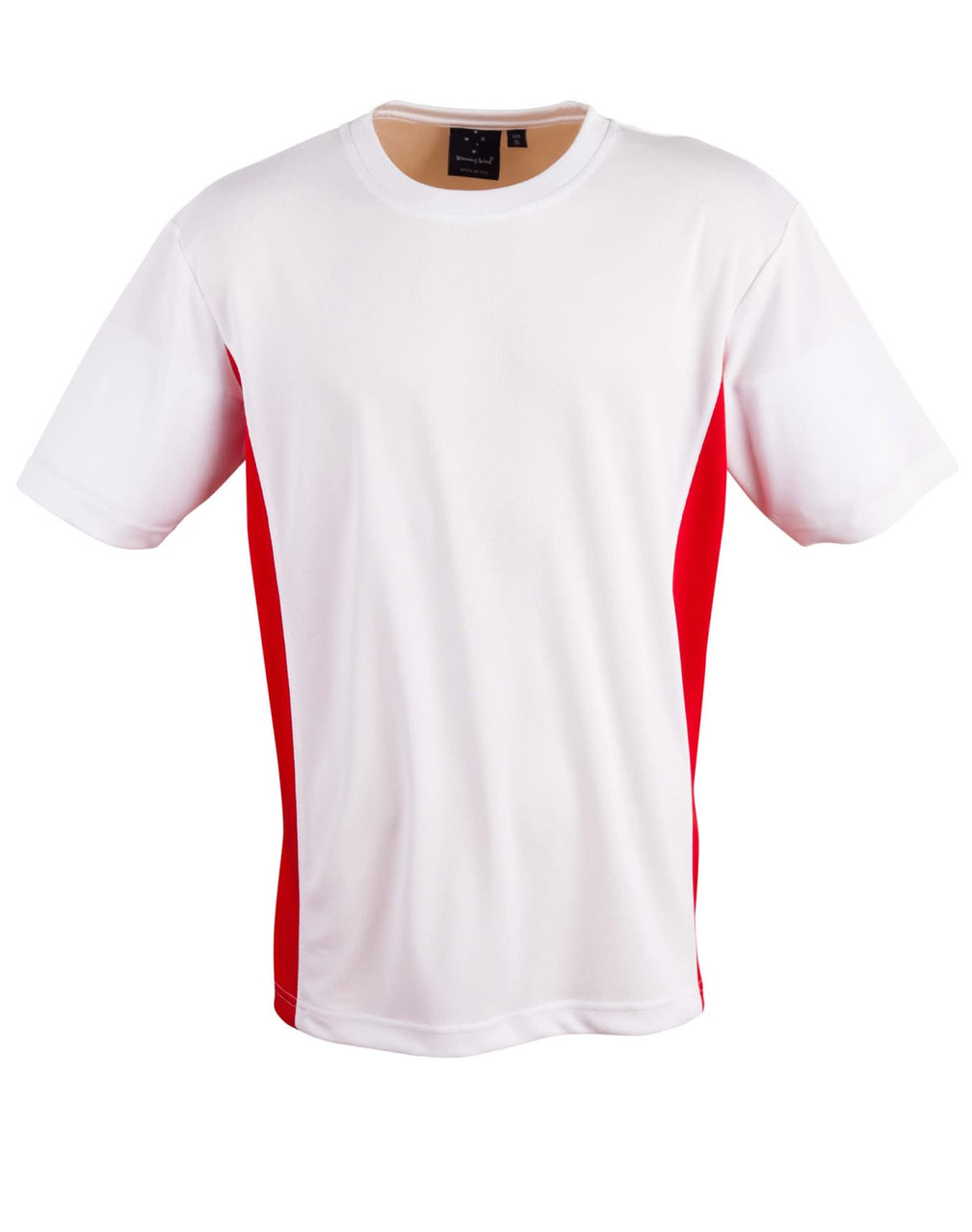 A short sleeve t-shirt featuring a white body with red contrast panels and a logo on the tag.