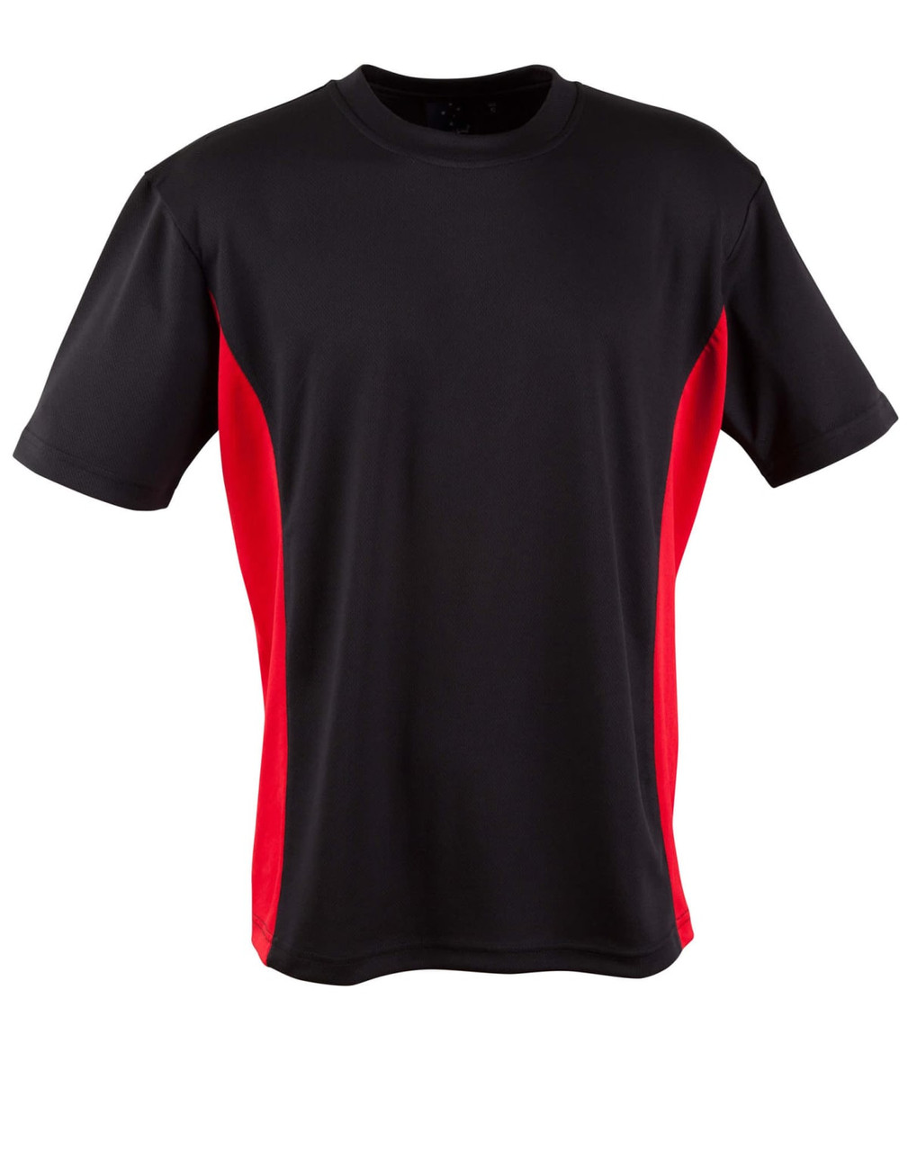 A short-sleeved black and red t-shirt with contrast side panels and a simple design. It features a logo.