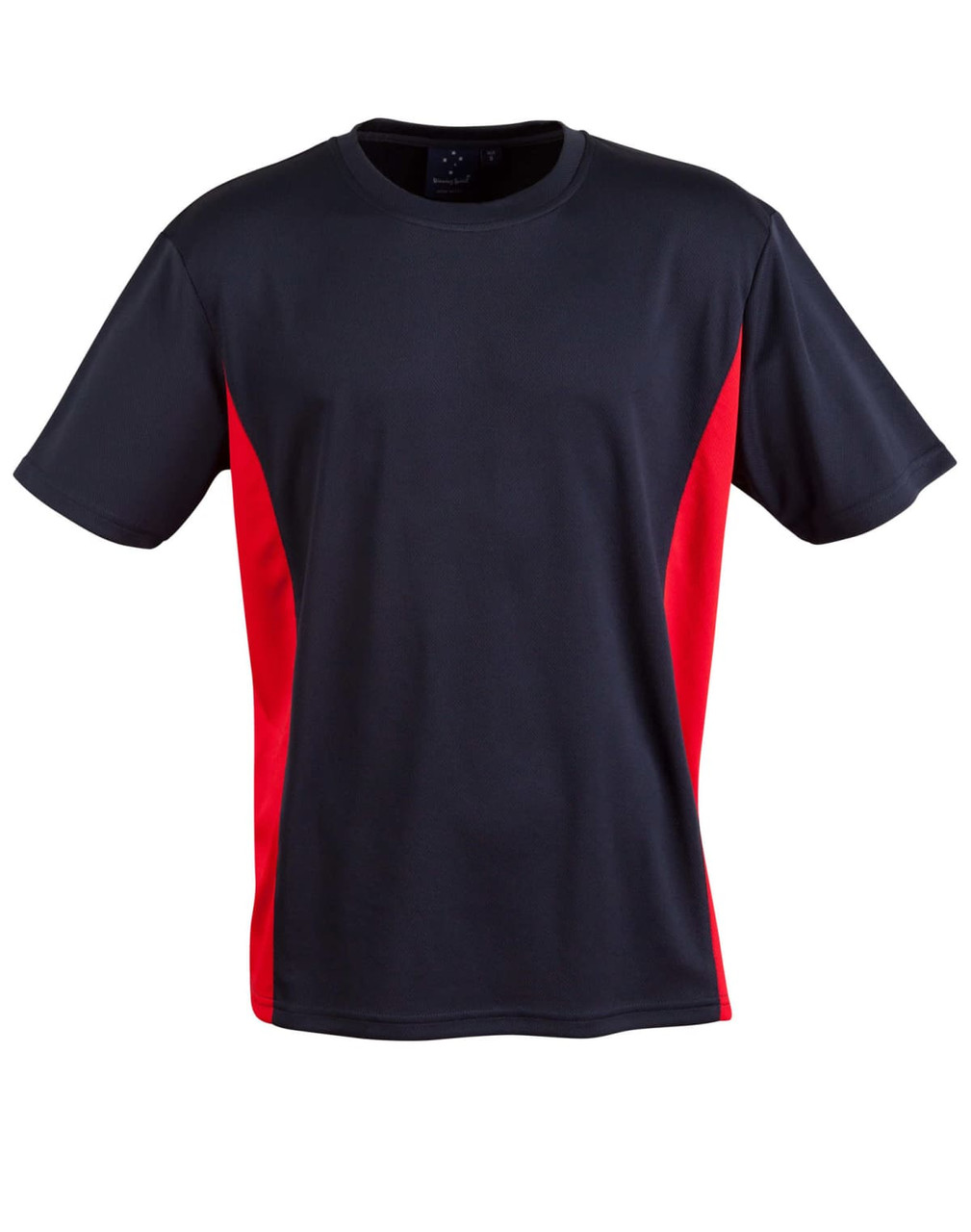 A black and red short-sleeved kids' T-shirt with contrast panel detailing. Features a logo on the front.
