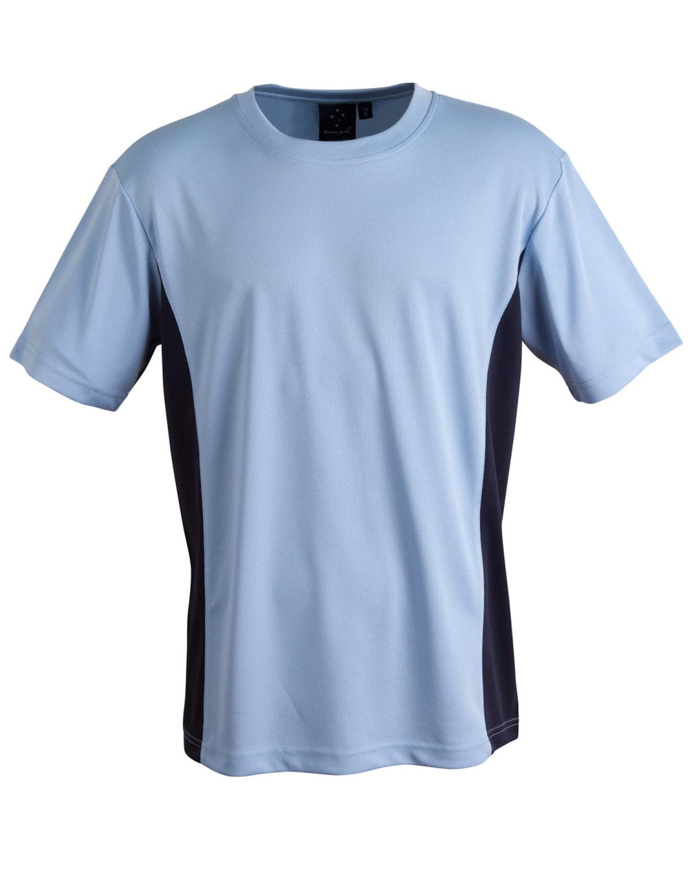 A light blue and navy short-sleeve t-shirt with a contrasting design and a small logo.
