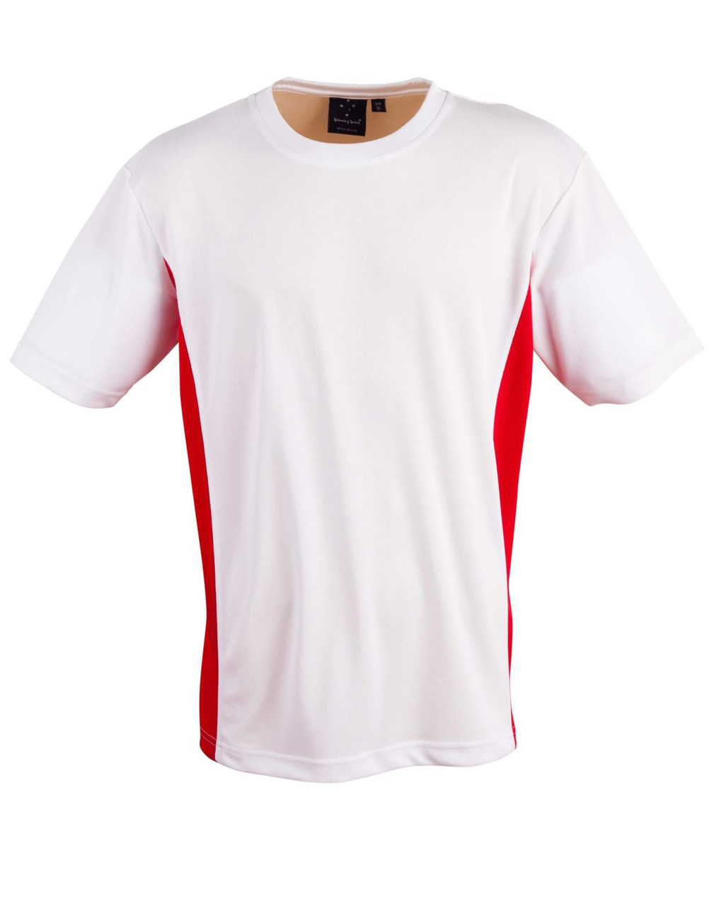 A short-sleeved t-shirt in white with red contrast sides. It features a logo on the collar area.