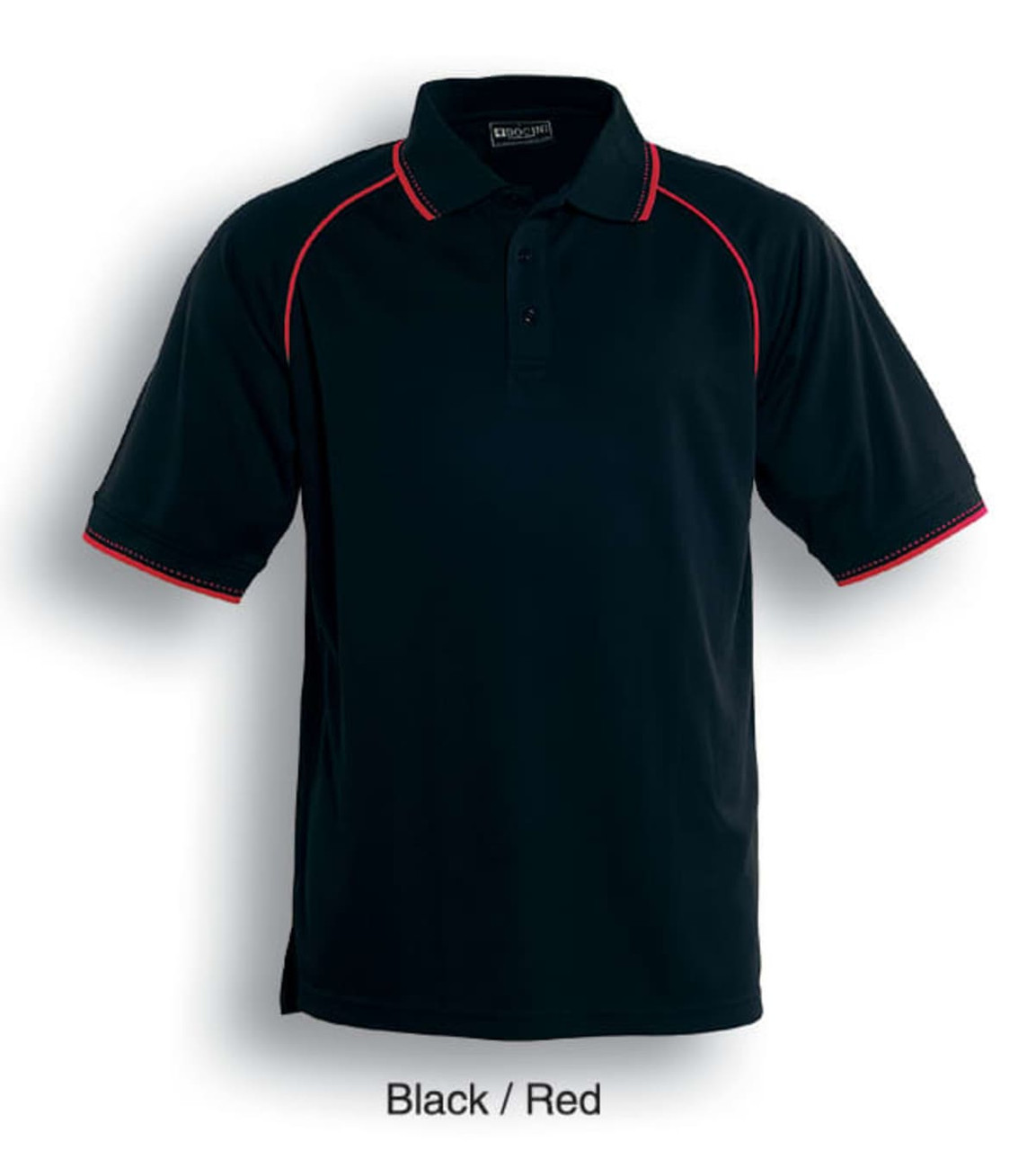 A black and red unisex polo shirt with short sleeves and a collar. It features contrasting stitching and a logo.