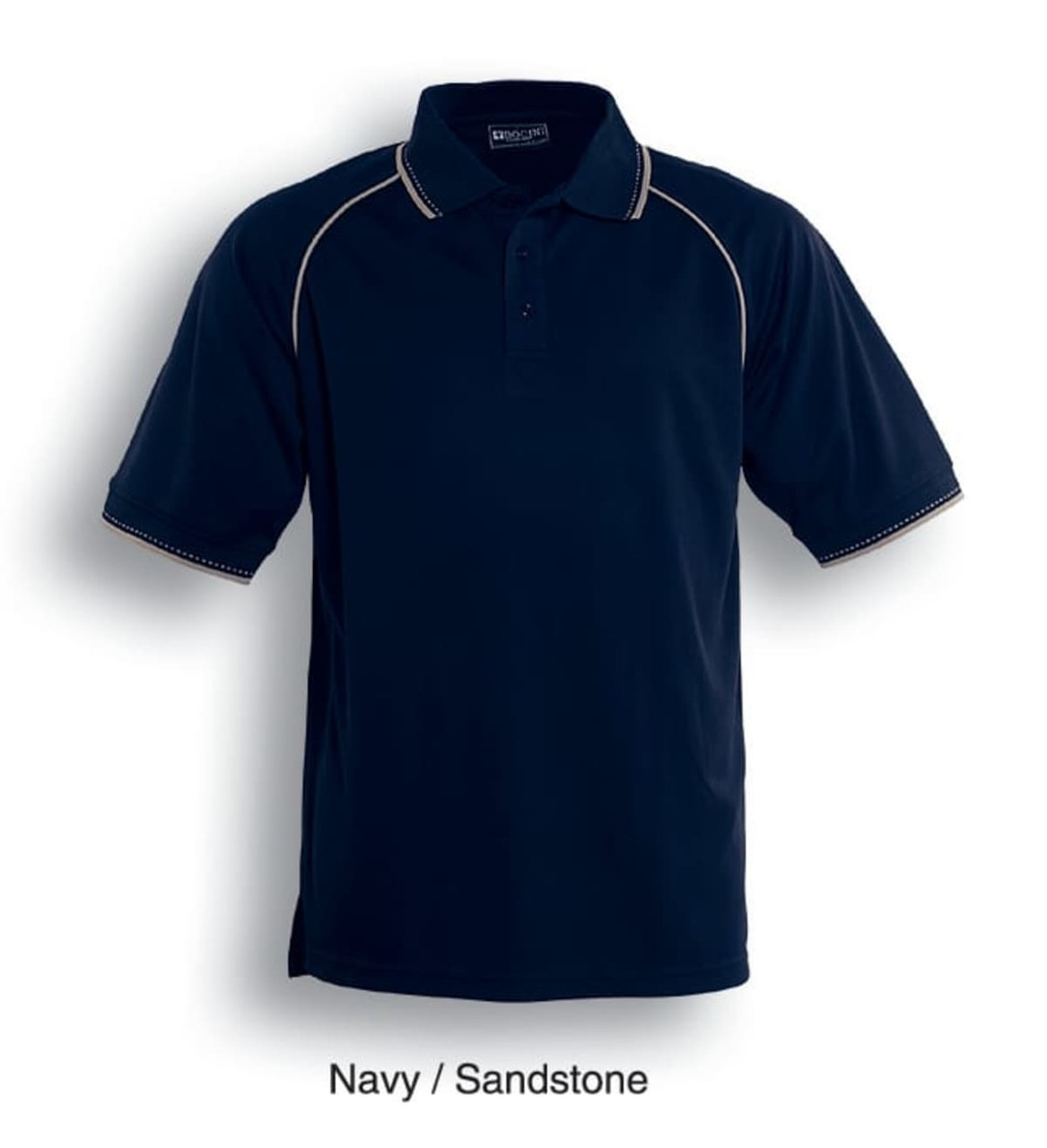A navy and sandstone unisex polo shirt with a collar and contrasting detailing. It features a logo on the chest.