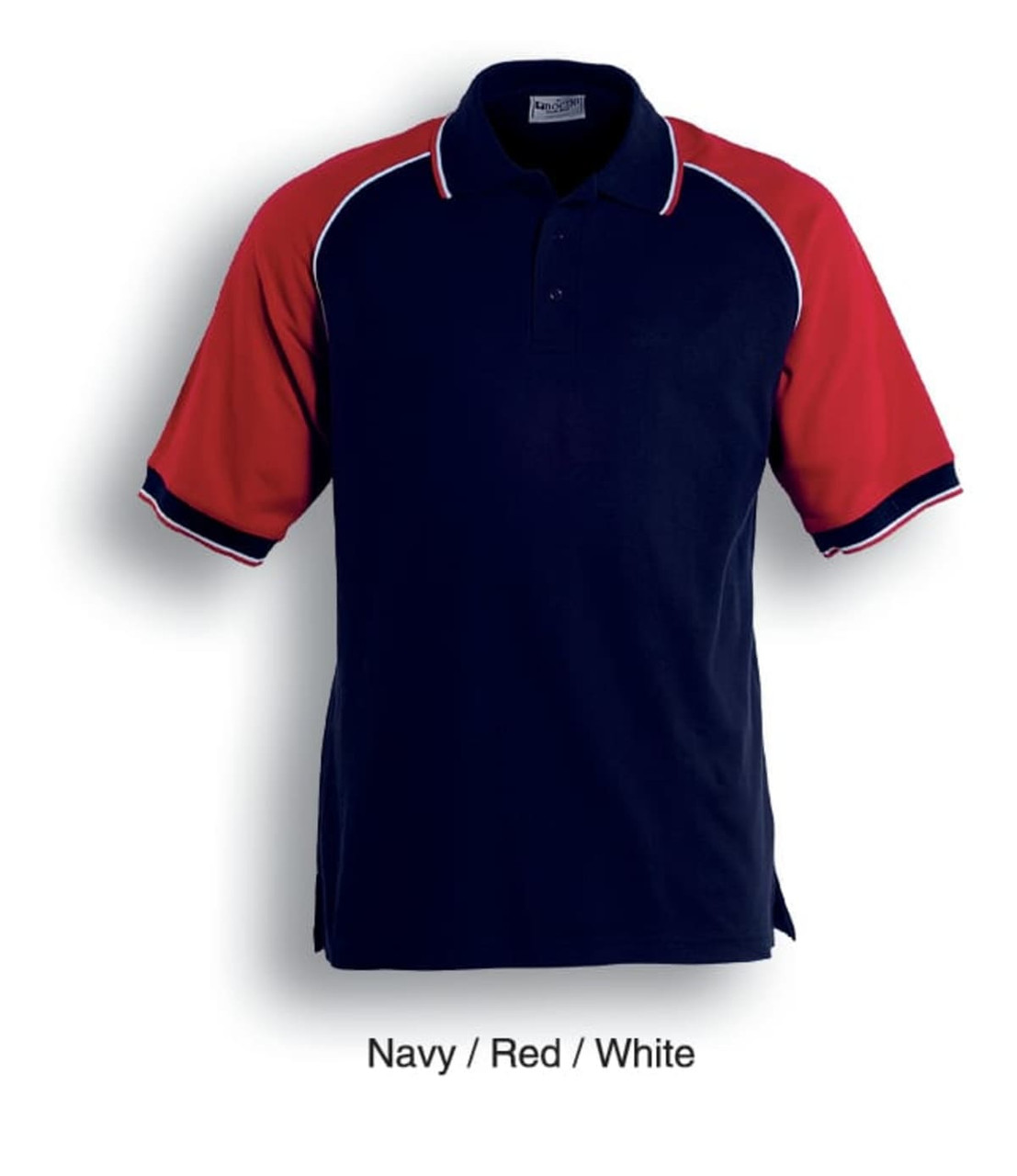A navy, red, and white unisex polo shirt featuring contrasting sleeves and a logo.