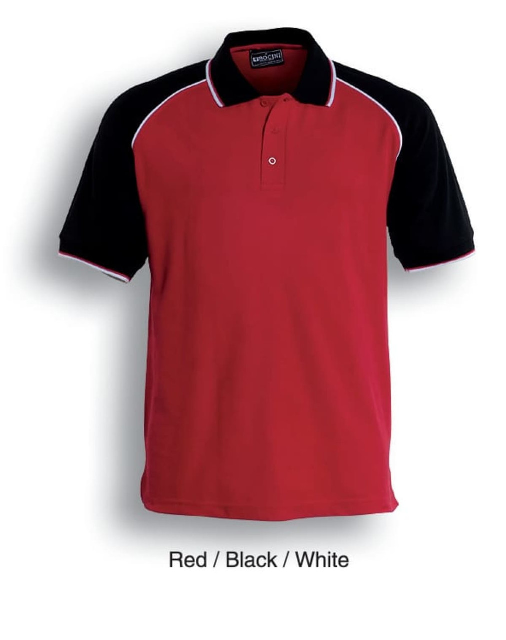 A unisex adult three-tone polo shirt in red with black sleeves and white accents. It features a collar and a logo.