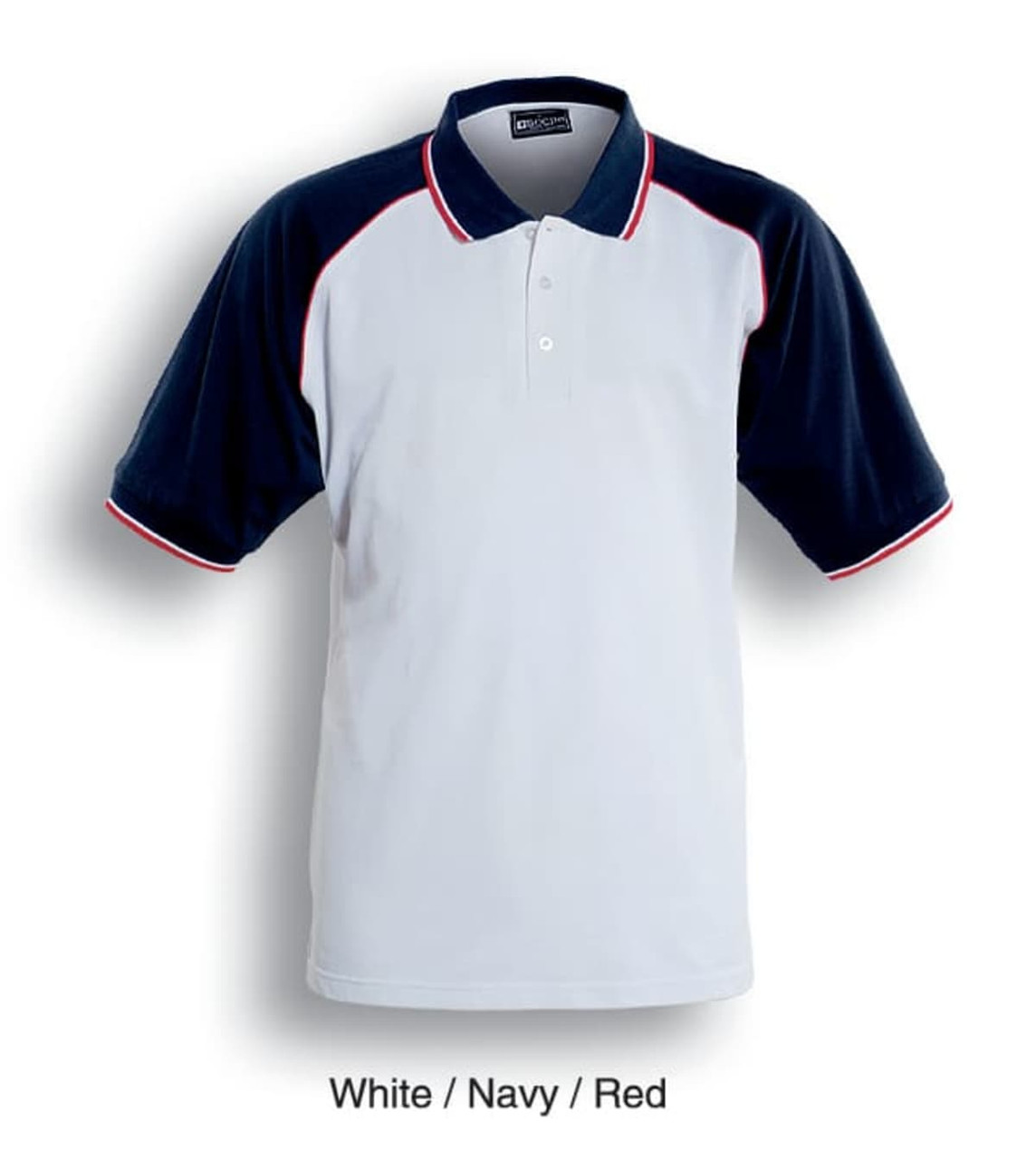 A three-tone polo shirt featuring white, navy, and red colours with a collar and short sleeves, also has a logo.