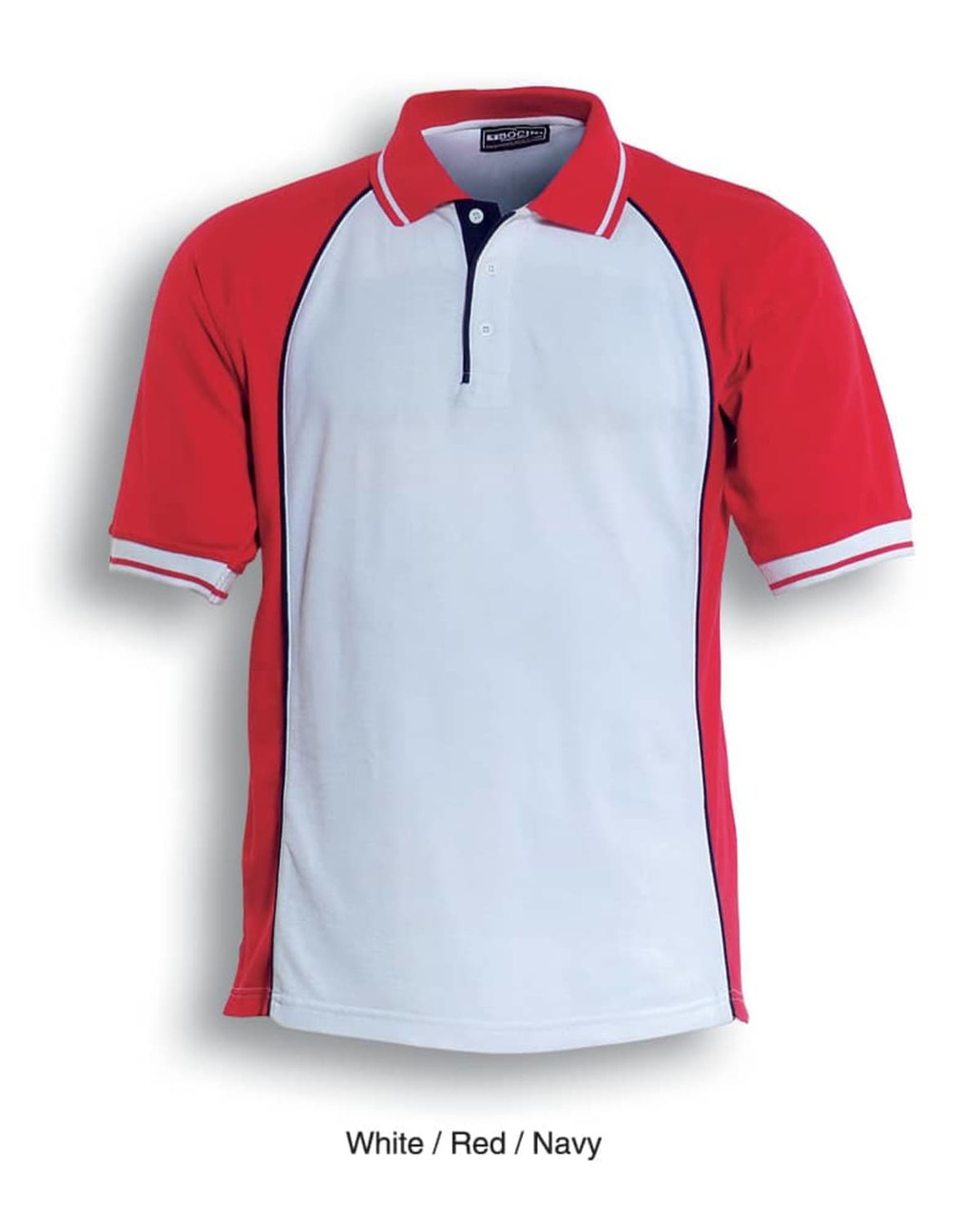 A polo shirt featuring a red and white design with navy accents and a logo.