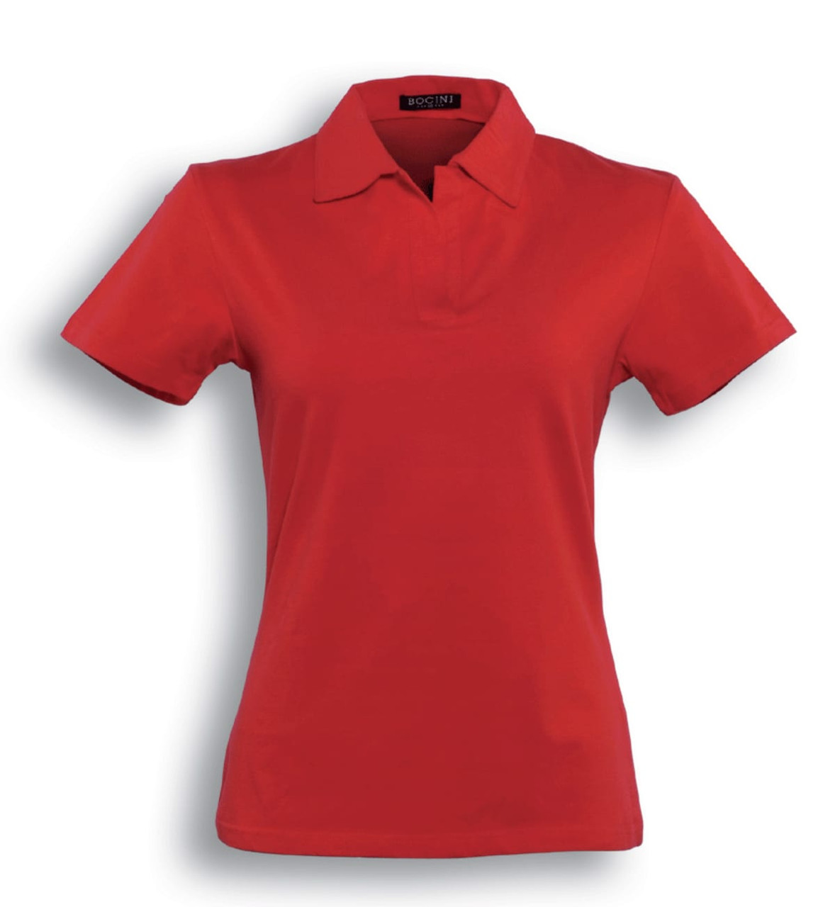A red ladies cotton spandex polo shirt with a classic collar and short sleeves. It features a logo on the neckline.