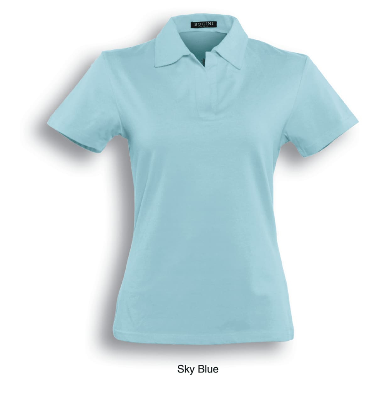A sky blue polo shirt made of cotton and spandex, featuring a collar and short sleeves, with a logo on the chest.