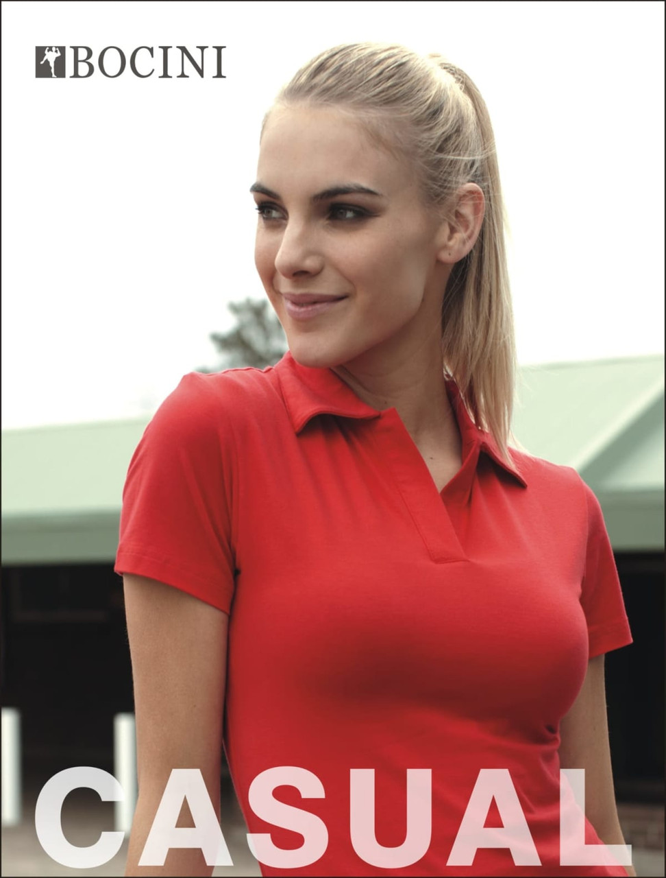 A red ladies' cotton spandex polo shirt with a fitted design and a collar, featuring a branding logo.