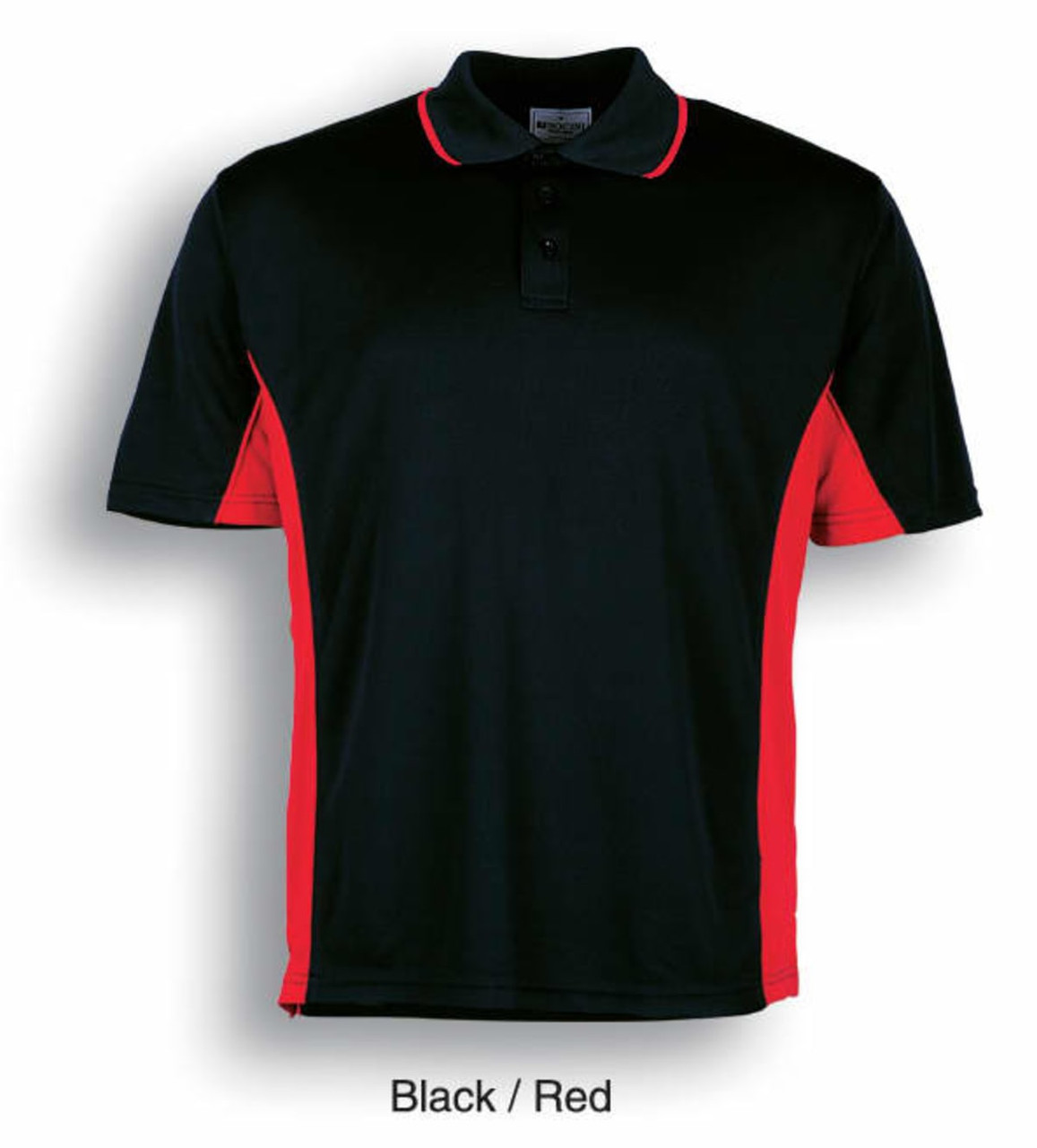 A black and red polo shirt with a collar, short sleeves, and a panel design, featuring a logo.