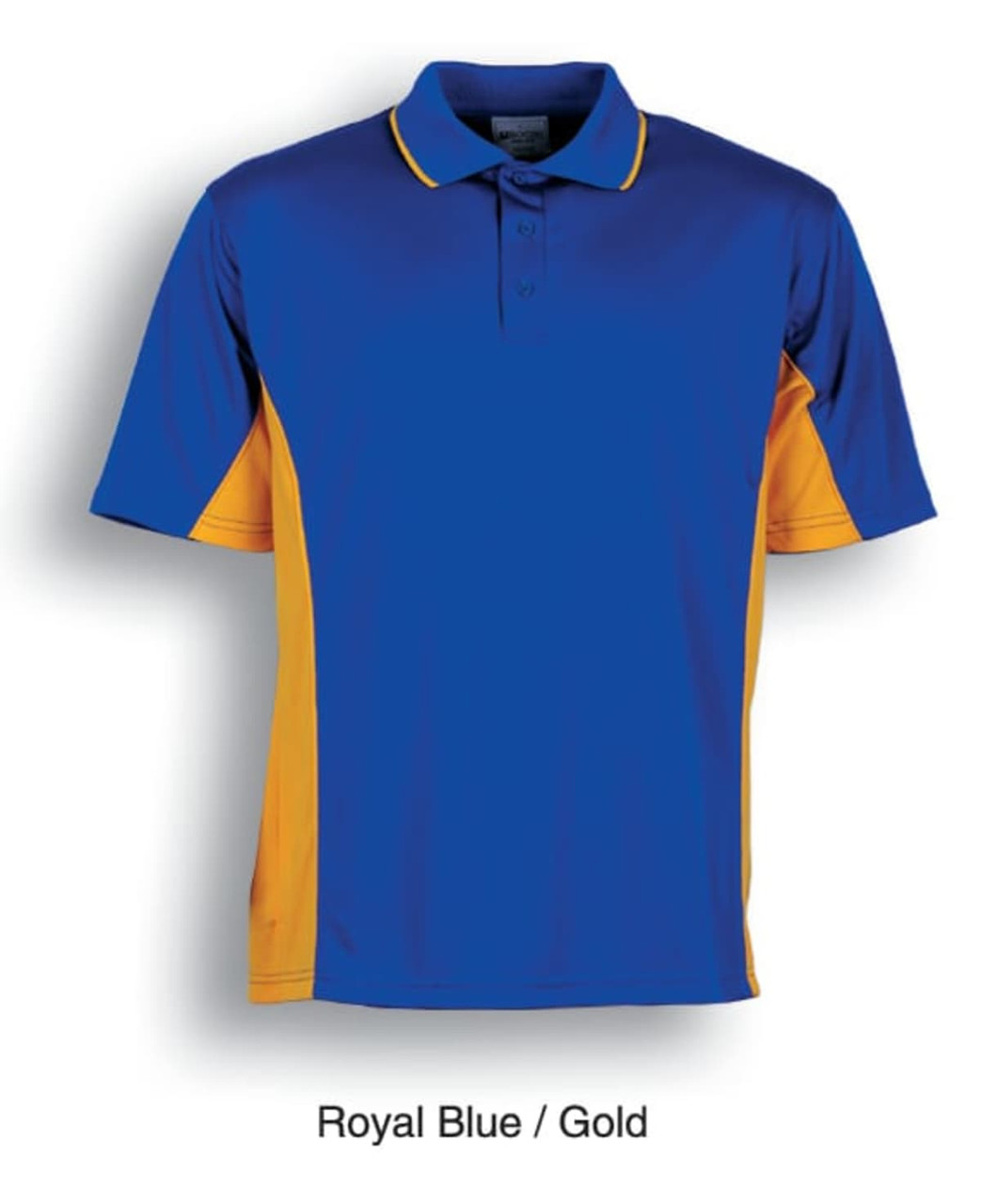 A royal blue and gold polo shirt with a collar and short sleeves, featuring a logo.
