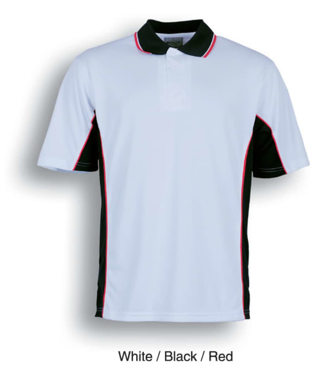 A white polo shirt with black and red accents and a logo on the chest area.