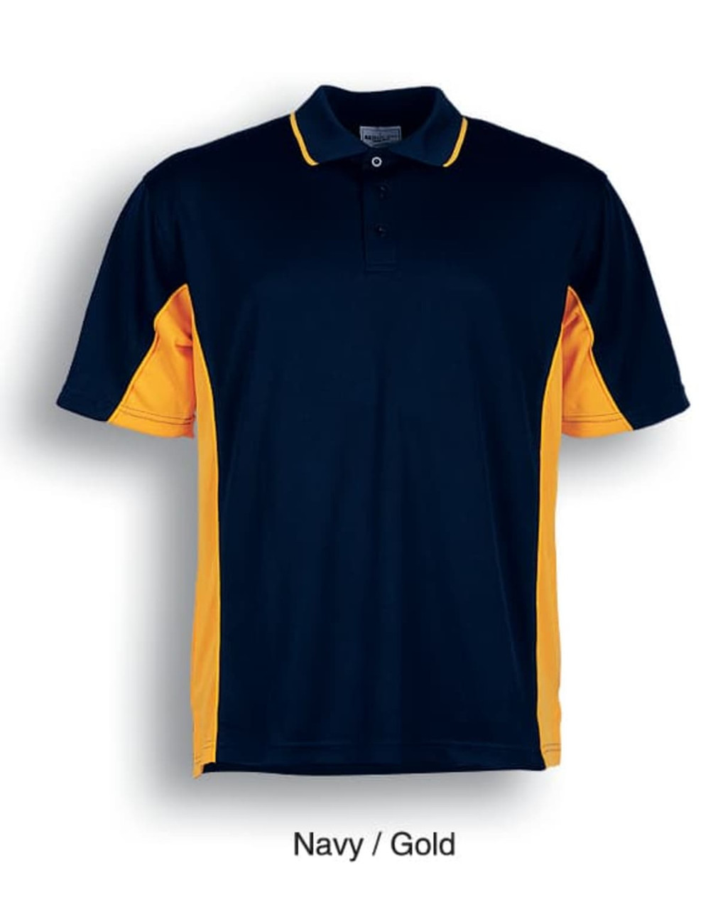 A navy polo shirt with gold side panels and a collar, featuring a logo.