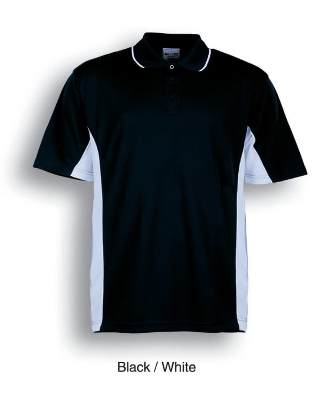 A black and white kids' polo shirt featuring a collar and short sleeves, with contrast side panels and a logo.