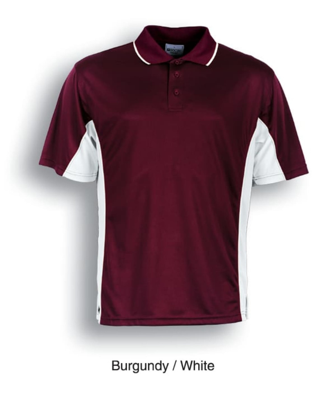 A burgundy and white polo shirt with short sleeves and a collar, featuring contrasting side panels and a logo.