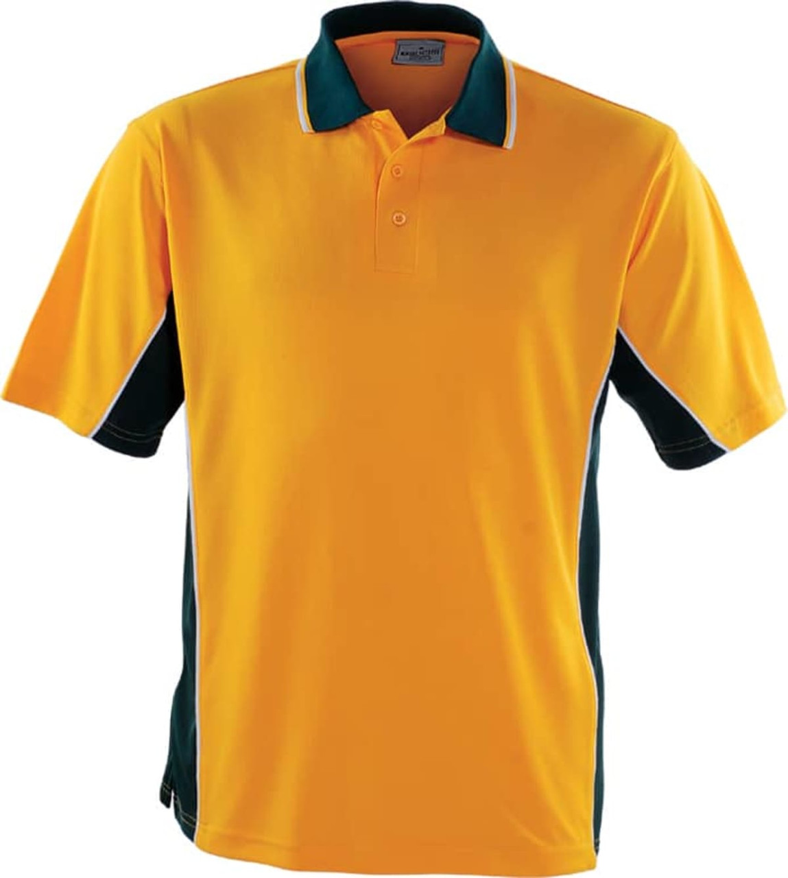 A yellow polo shirt with green accents and a collar, featuring a logo on the chest.