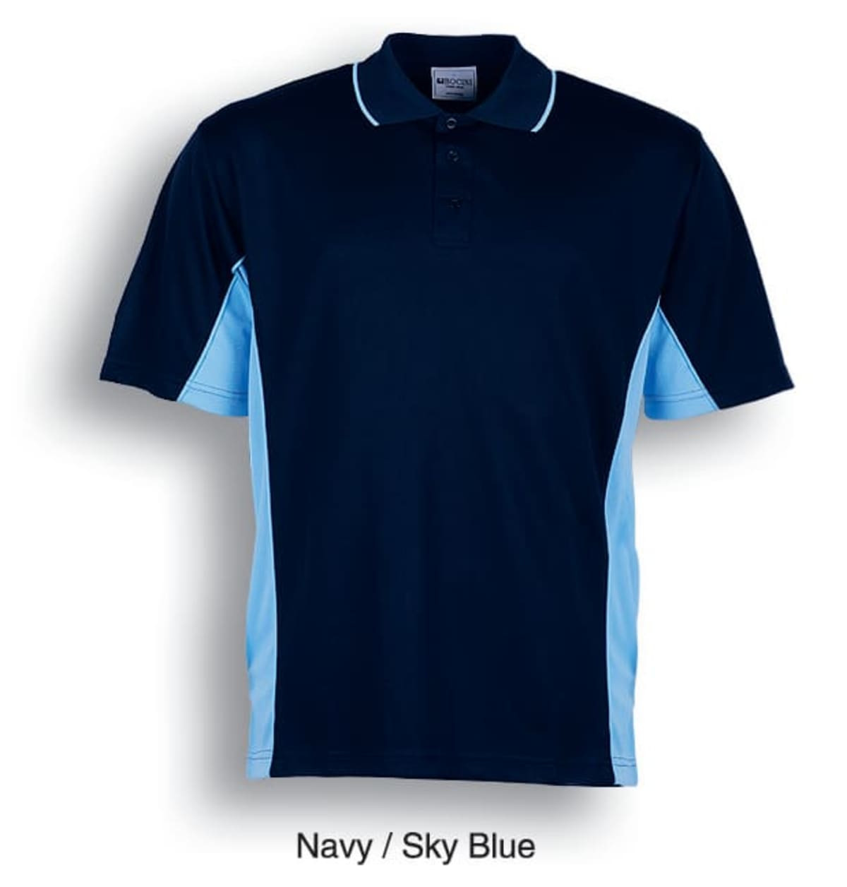 A navy polo shirt with sky blue side panels and a collar, featuring a logo on the chest area.