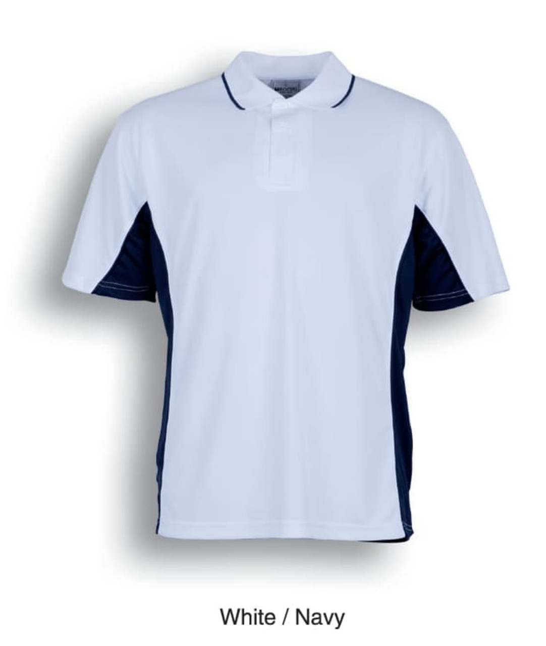 A polo shirt in white with navy accents, featuring a collar and a logo on the chest.