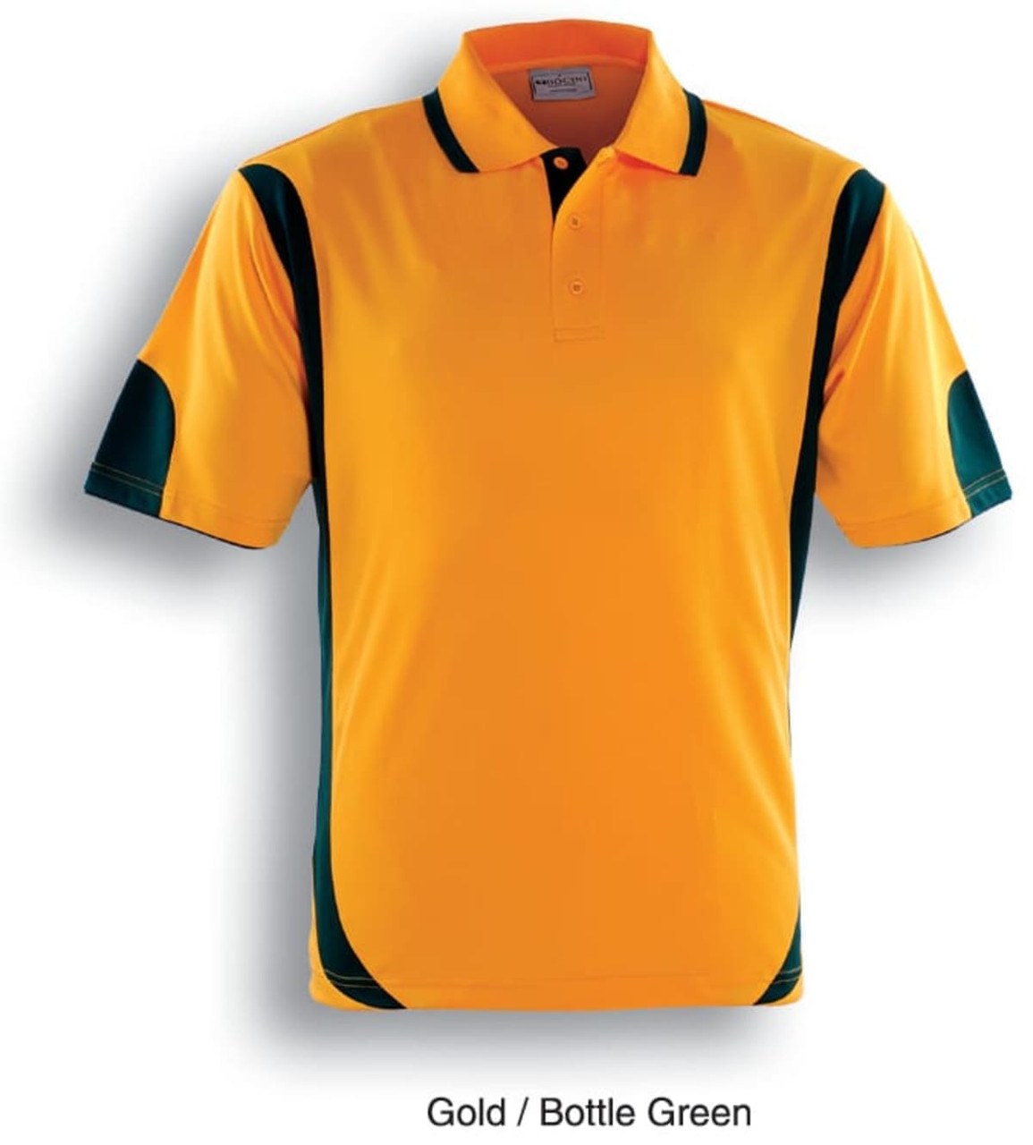 A gold and bottle green unisex polo shirt with contrasting side panels and a collar. It features a logo on the chest.