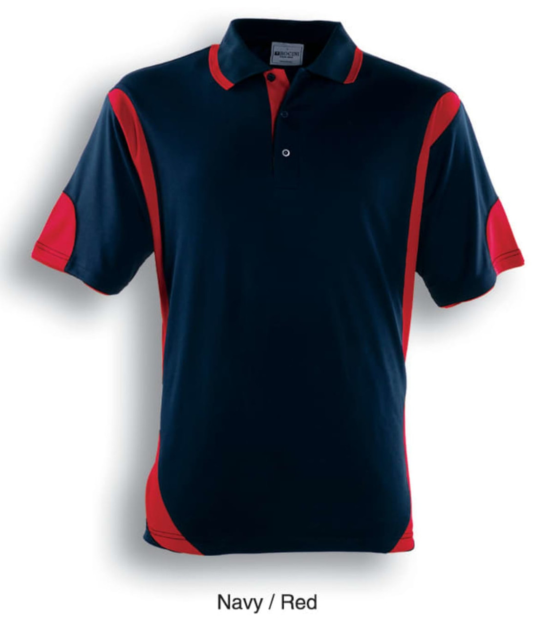 A navy and red unisex polo shirt featuring contrast panels and a logo on the front.