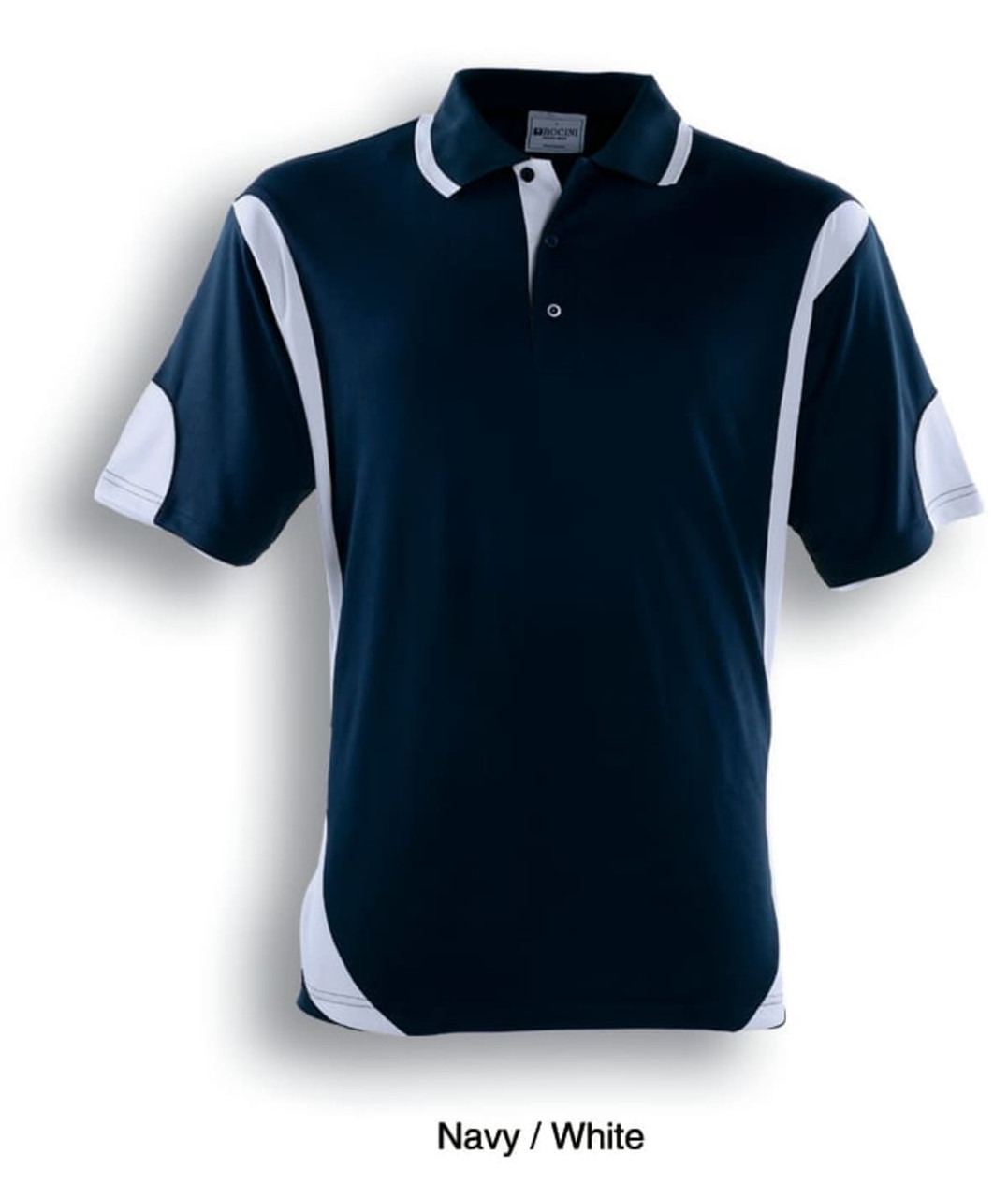 A navy and white unisex polo shirt featuring short sleeves and a contrasting design. It has a logo on the chest.