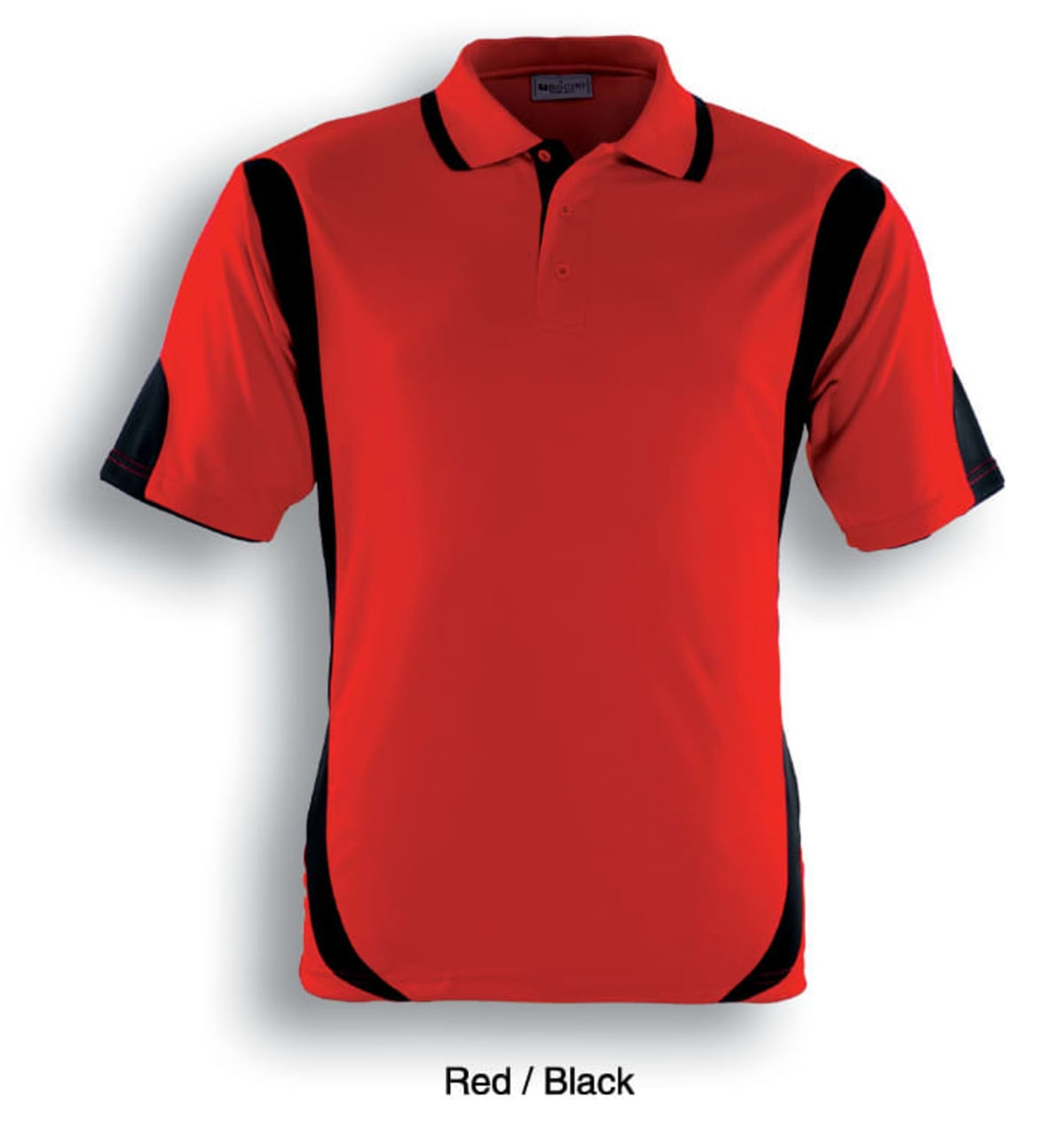 A red and black unisex polo shirt with contrasting details and a logo on one sleeve.