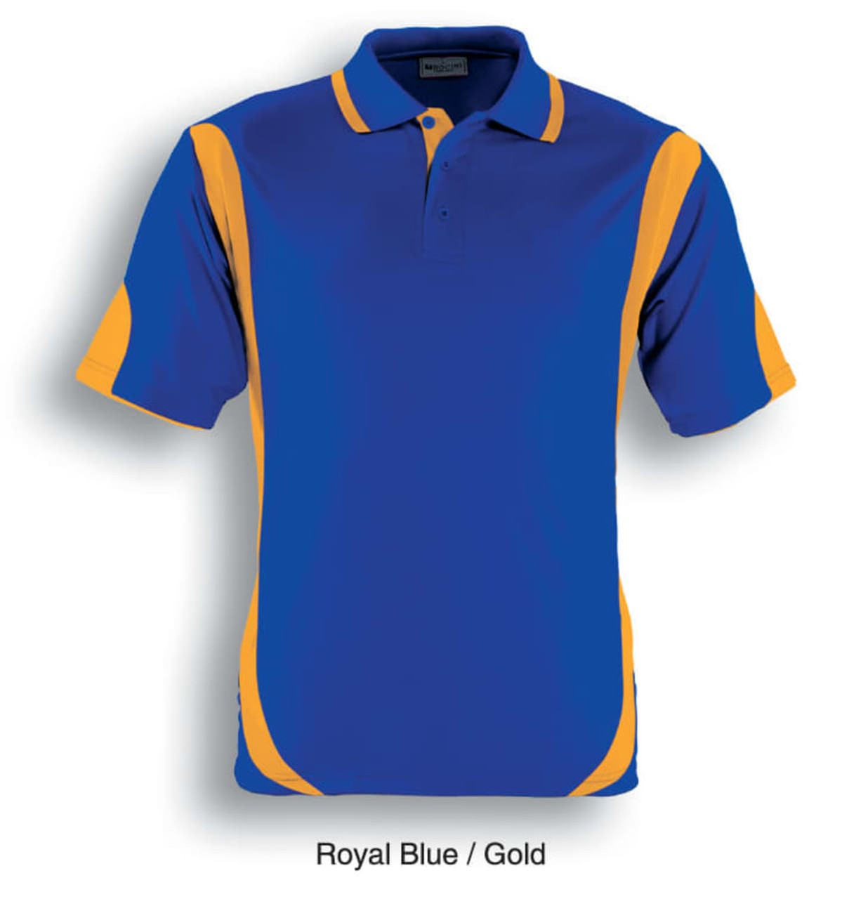 A Royal Blue and Gold unisex polo shirt featuring a contrasting design and a logo.