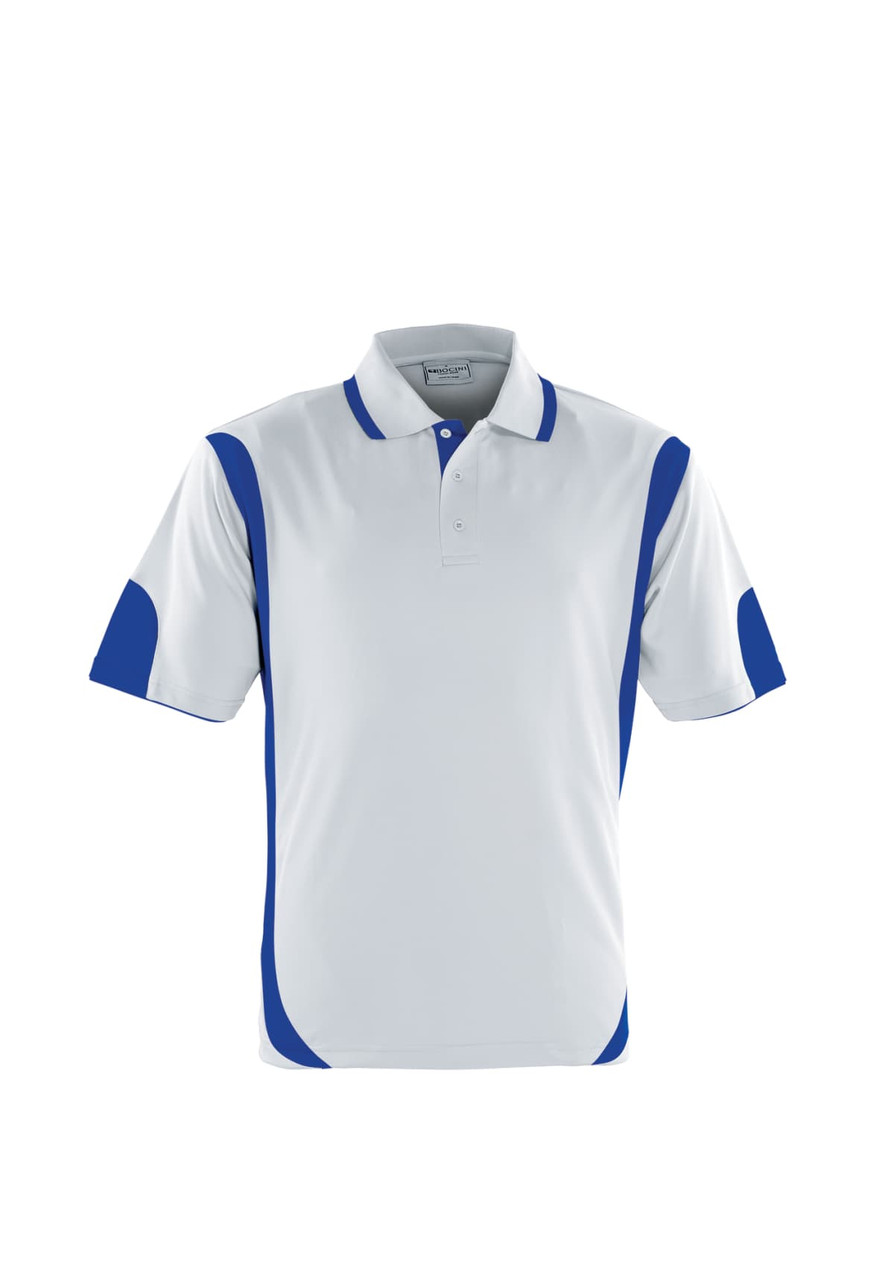 Unisex adult polo shirt in white with blue contrast detailing and a logo. Features a classic collar and short sleeves.