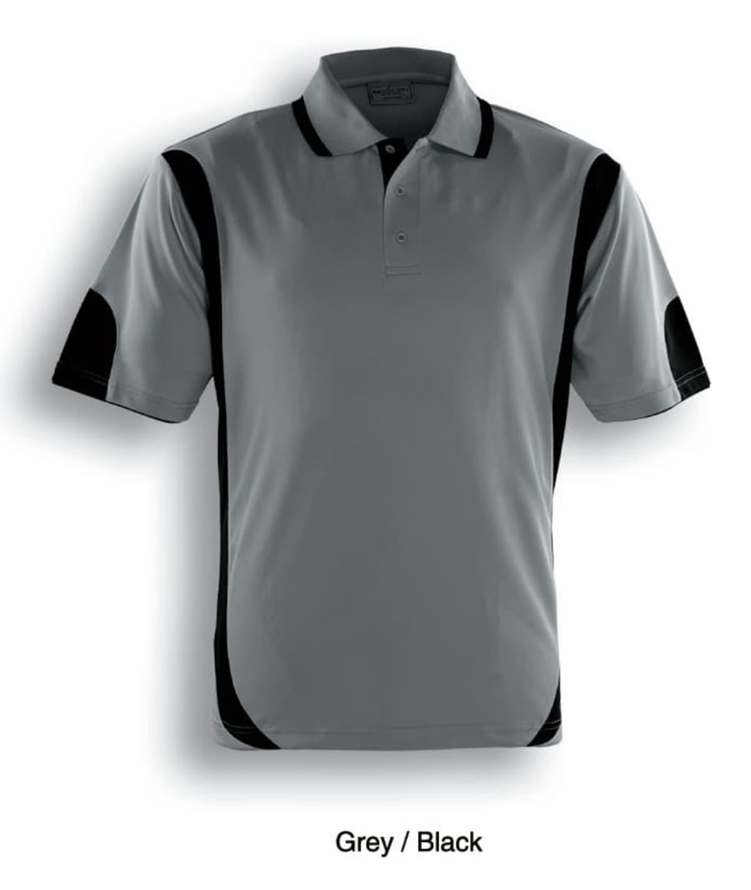 A grey and black polo shirt featuring contrasting side panels and a logo. Short sleeves and a classic collar design.