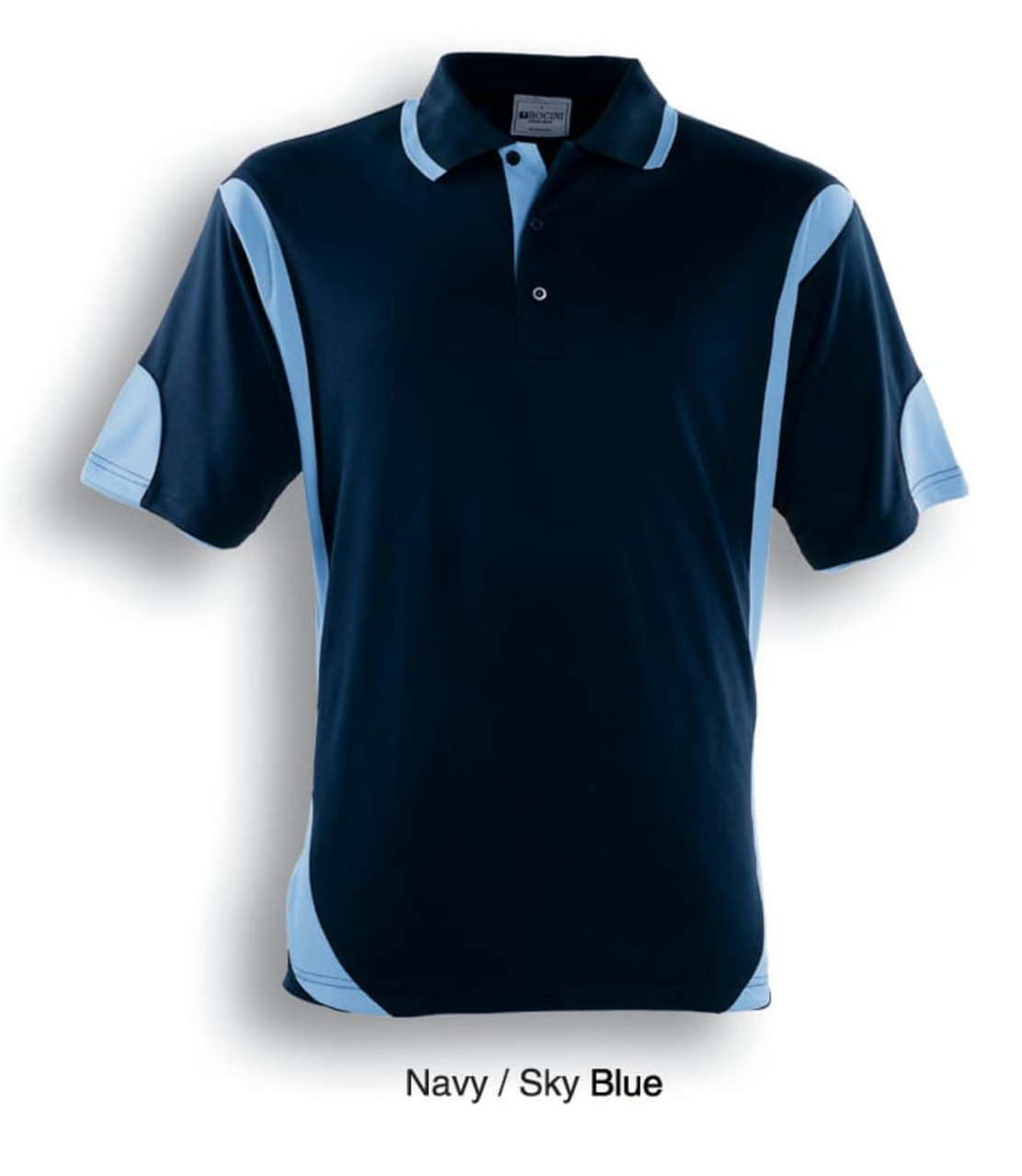 A navy and sky blue polo shirt featuring contrasting panels and a collar, with a logo on the front.