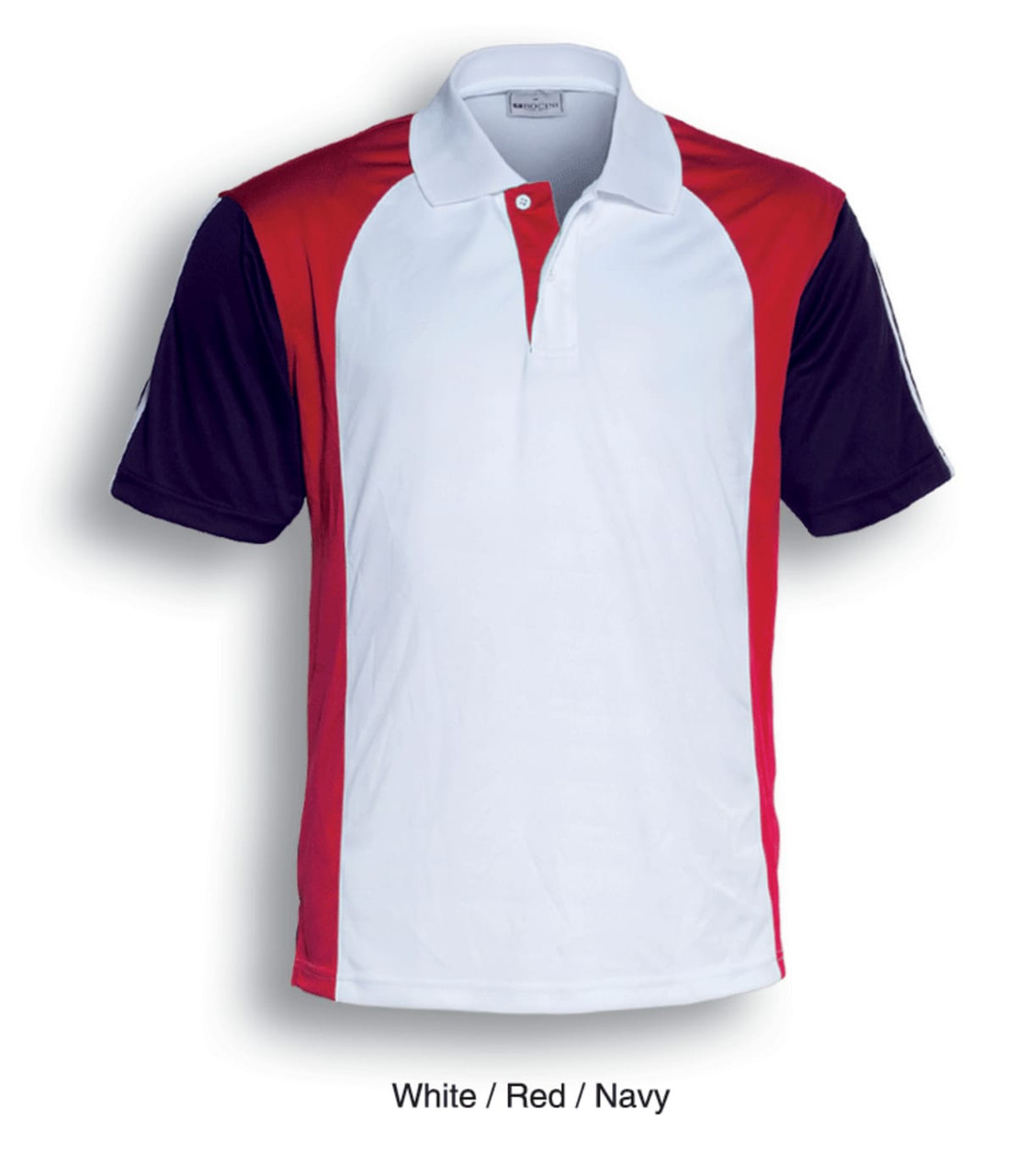 A unisex polo shirt in white, red, and navy, featuring a logo and a three-tone design.