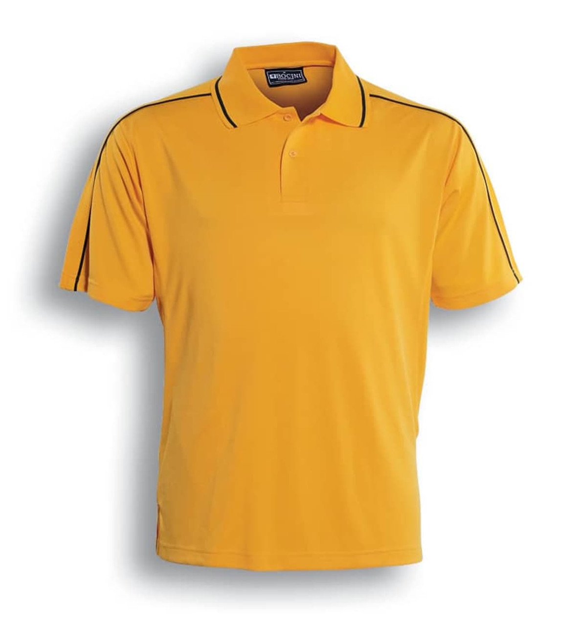 A yellow polo shirt featuring black striped accents and a collar, designed for men. It includes branding on the label.