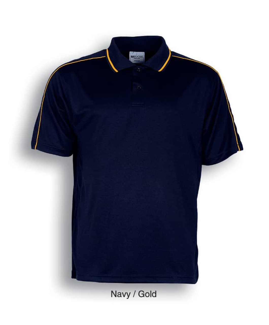 A navy polo shirt with gold stripes and a collar, featuring a small logo on the chest.