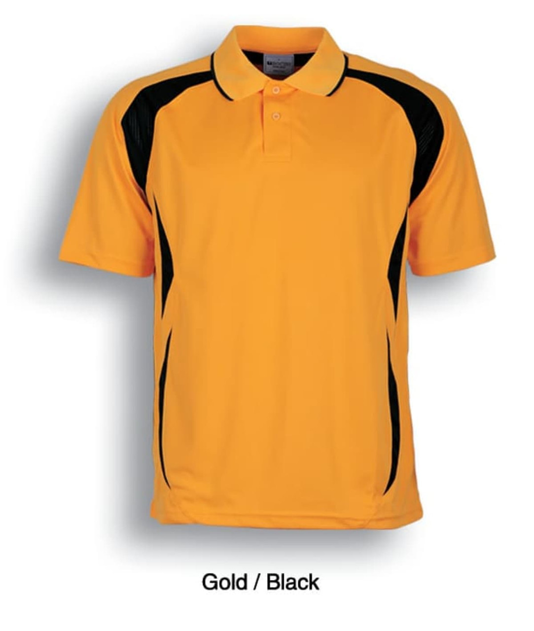 A gold and black unisex sports polo with a logo, featuring short sleeves and a collar design.