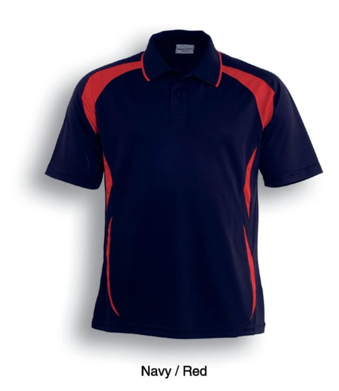 A navy and red unisex polo shirt featuring a logo and sporty design with contrasting colours.
