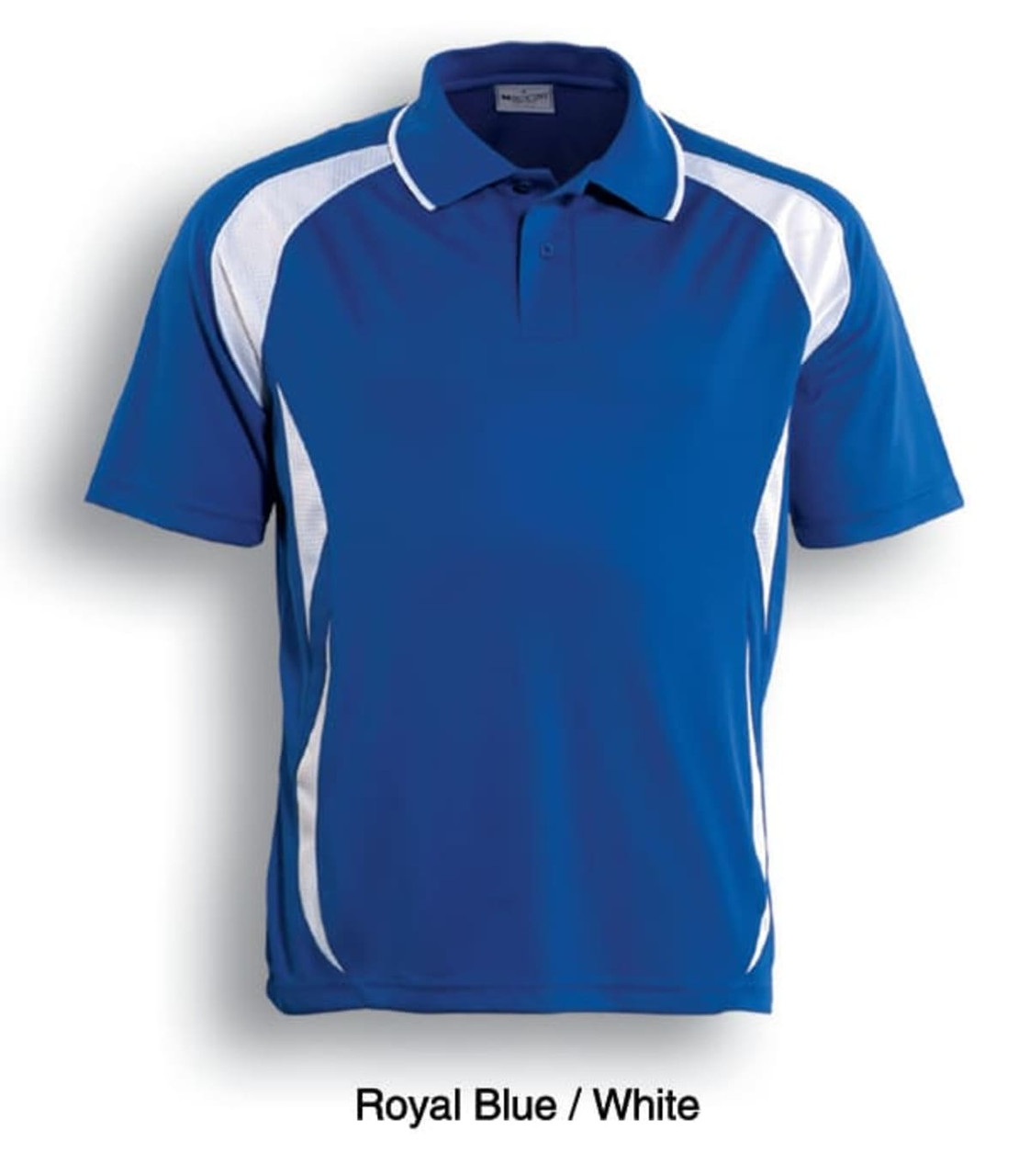 A royal blue and white unisex sports polo featuring contrast panels and a logo.