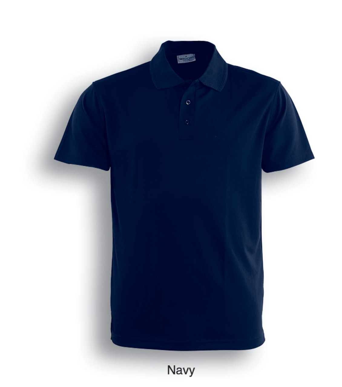 A navy men's polo shirt with a collar and three buttons, featuring a logo on the chest.