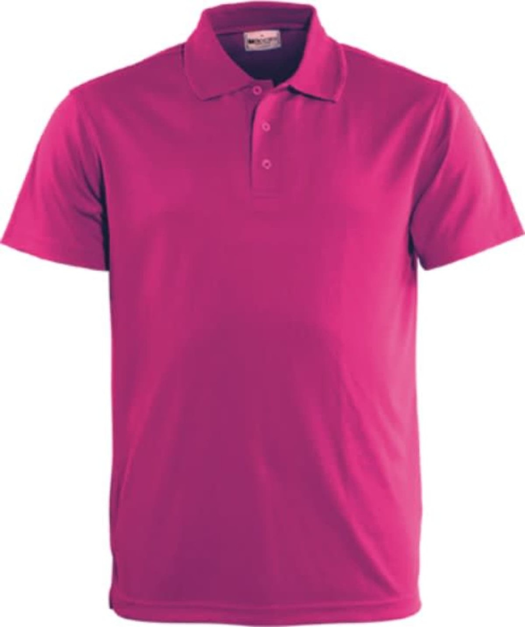 A men's adult basic polo shirt in a vibrant magenta colour, featuring a collar and a logo.