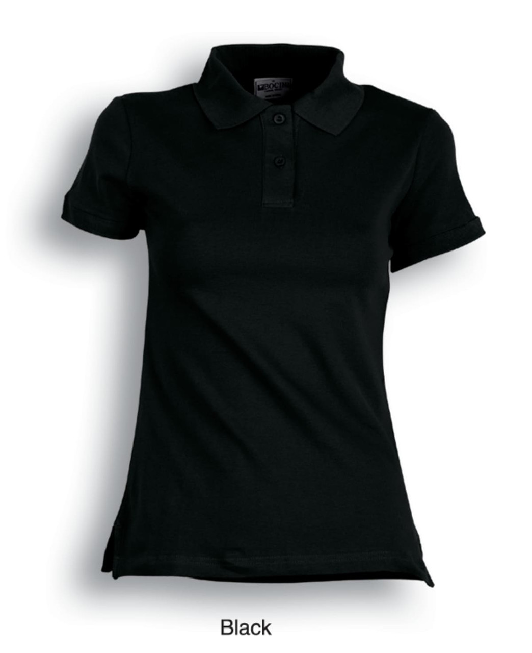 A black fitted cotton and spandex polo shirt featuring a classic collar and buttons, with a logo detail.