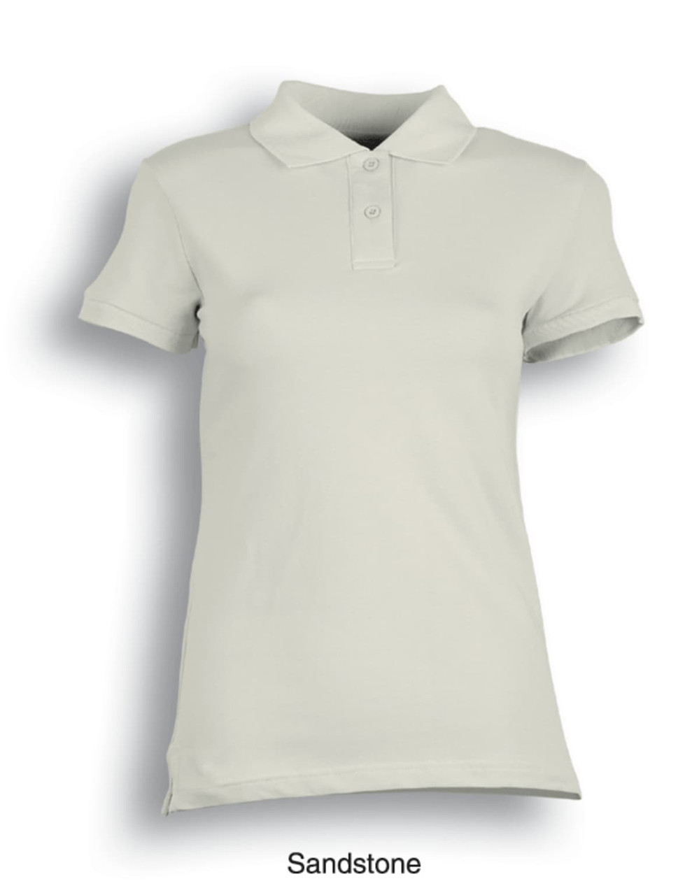 A fitted polo shirt in sandstone, made from cotton and spandex, featuring a classic collar and short sleeves.