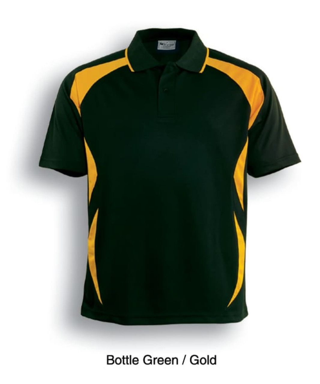 A bottle green polo shirt featuring gold accents and a logo. Suitable for sports uniforms.