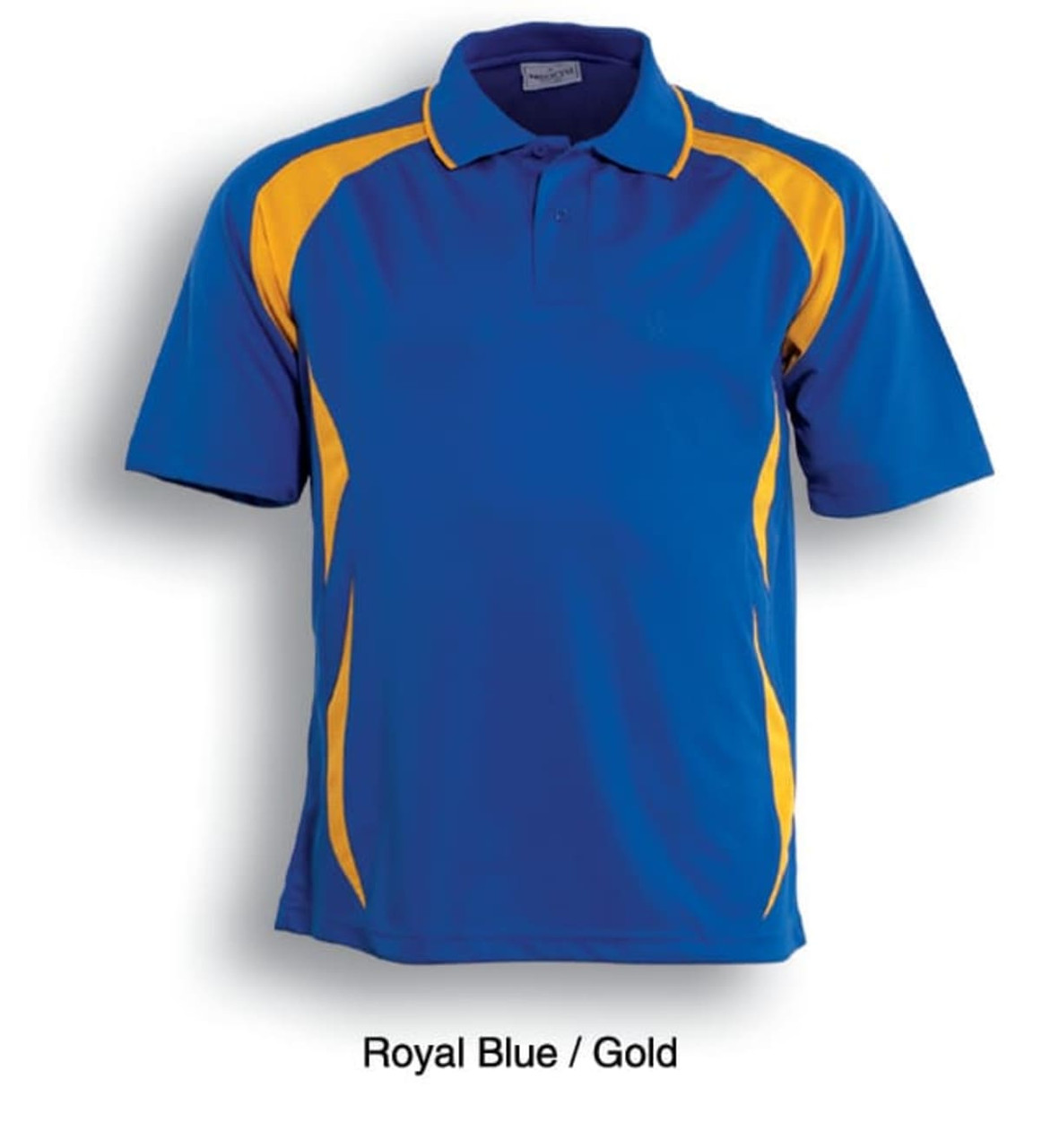 A royal blue polo shirt featuring gold accents and a logo. Suitable for sports uniforms or casual wear.