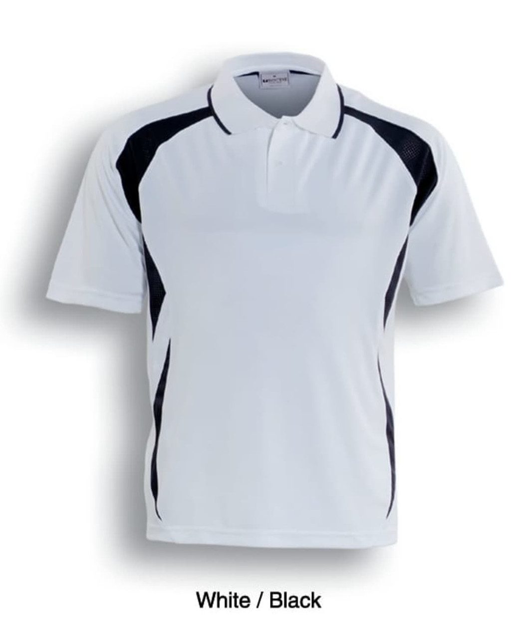A white and black sports polo featuring a classic design and a branded logo. Ideal for active wear.